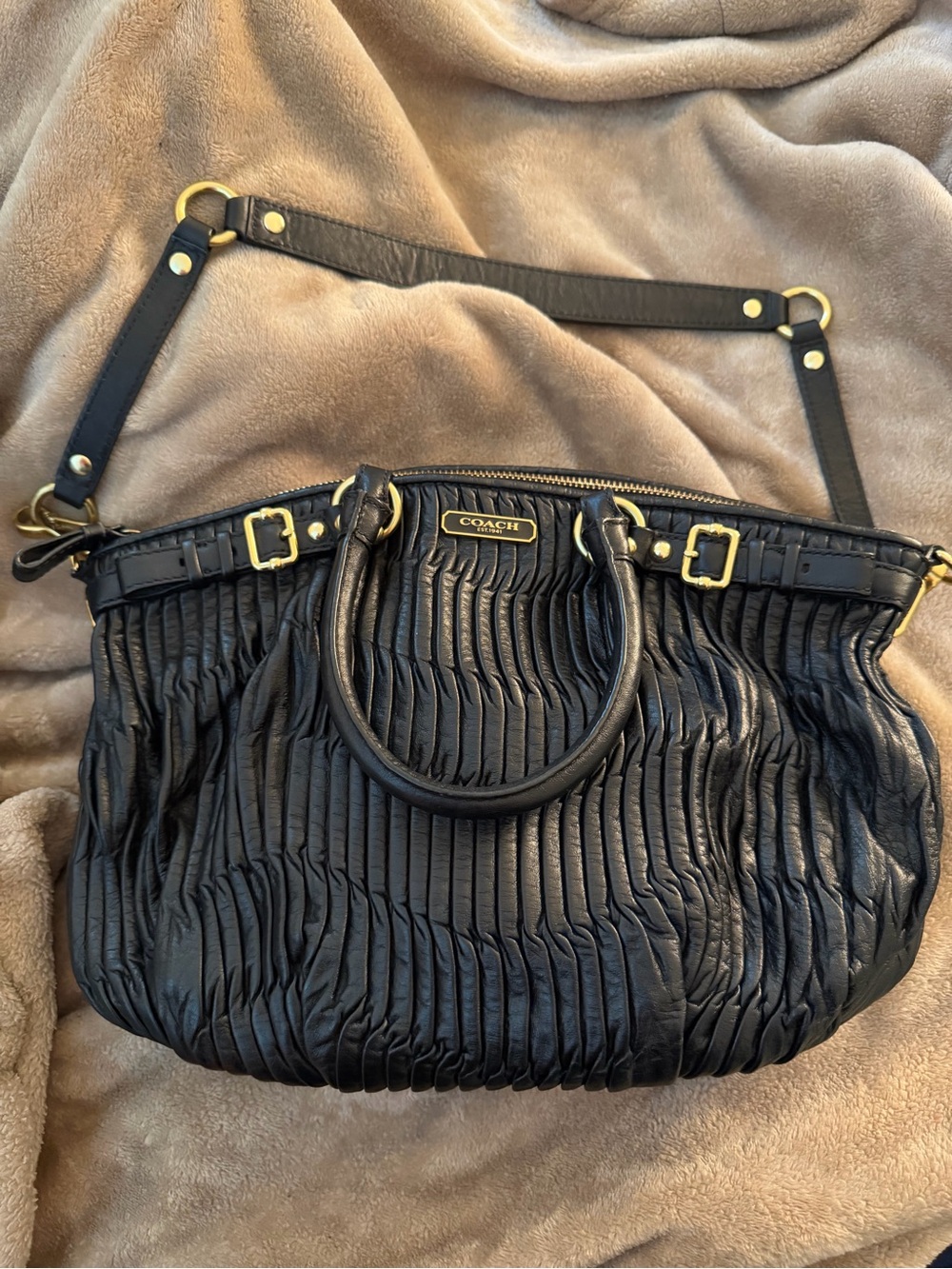 Coach Black Ruched Leather Satchel with Gold Hardware